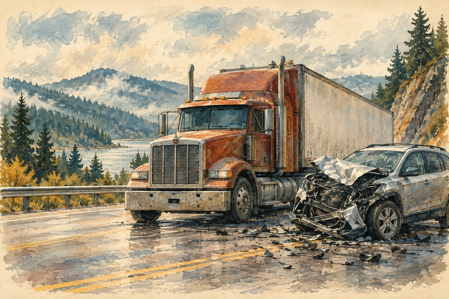 Watercolor painting of a stopped truck and damaged car on an Oregon road.