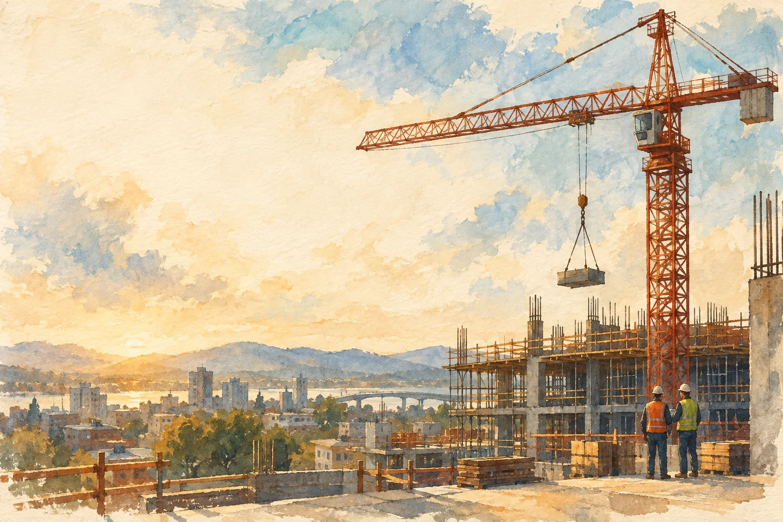Watercolor construction site with a tower crane and two workers.